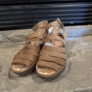 Fly London Yuta 40 Women's Size 9 Shoes Brown/Tan Leather Wedge Platform Sandals